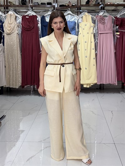 Sarı Hasır Kemerli Keten Yelek