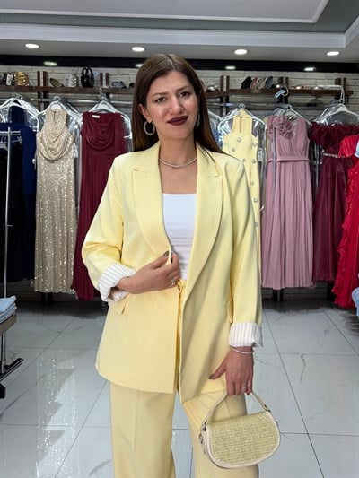 Sarı Kol Katlamalı Duble Blazer
