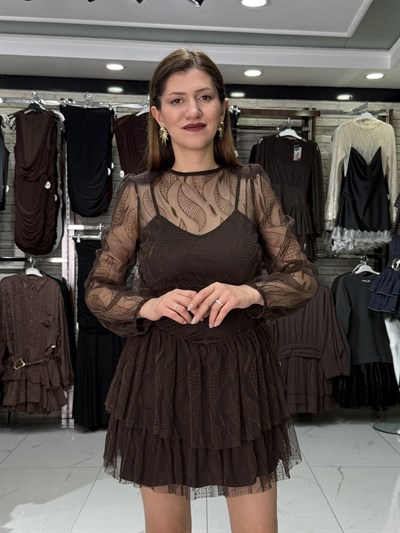 Şifon Tül Detaylı Acı Kahve Elbise