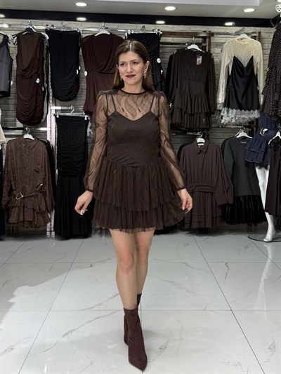 Şifon Tül Detaylı Acı Kahve Elbise