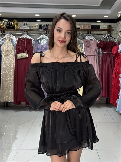 Simli Siyah Şifon Elbise