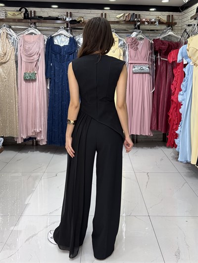 Siyah Asimetrik Bluz Pantolon Takım