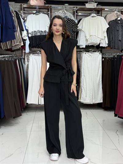 Siyah Bel Kuşaklı Yelek Pantolon Takım