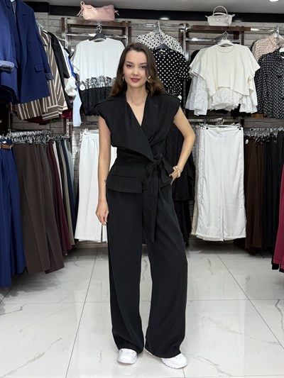 Siyah Bel Kuşaklı Yelek Pantolon Takım