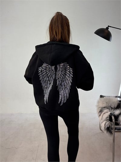 Siyah Fermuarlı Melek Sweat