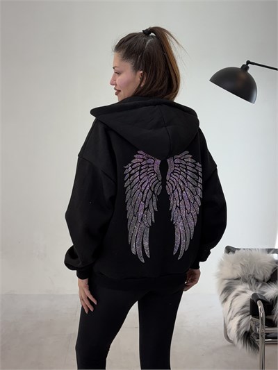 Siyah Fermuarlı Melek Sweat