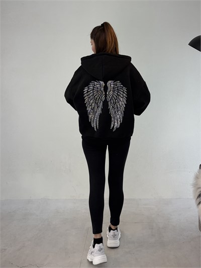 Siyah Fermuarlı Melek Sweat