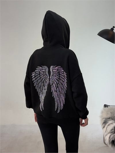 Siyah Fermuarlı Melek Sweat