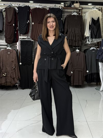 Siyah Kuşaklı Kruvaze Yelek Takım