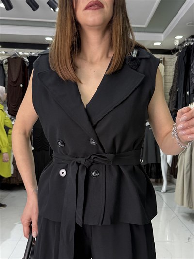 Siyah Kuşaklı Kruvaze Yelek Takım