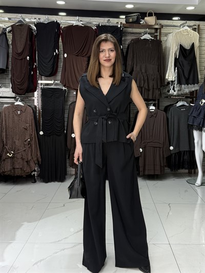 Siyah Kuşaklı Kruvaze Yelek Takım