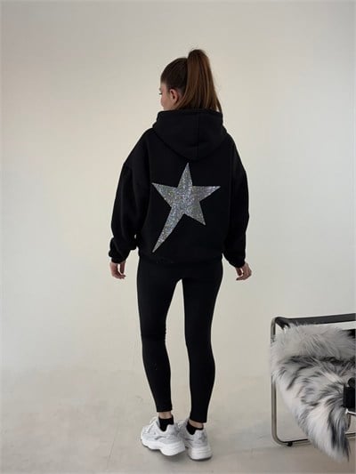 Siyah Yıldız Baskılı Taşlı Sweat