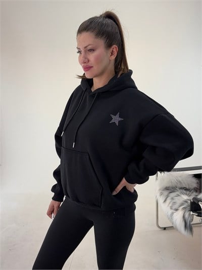 Siyah Yıldız Baskılı Taşlı Sweat