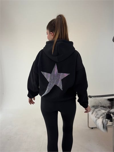 Siyah Yıldız Baskılı Taşlı Sweat