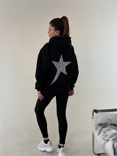 Siyah Yıldız Baskılı Taşlı Sweat