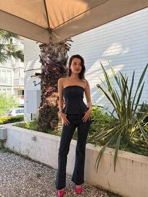 Straplez Taşlı Denim Takım