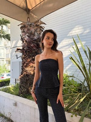 Straplez Taşlı Denim Takım
