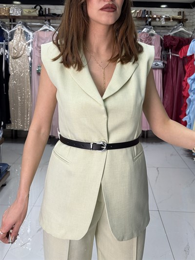 Su Yeşili Kemerli Yelekli Takım