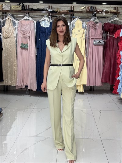 Su Yeşili Kemerli Yelekli Takım