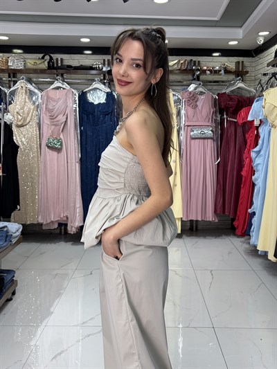 Taş Straplez Bluz Şalvar Pantolon Takım