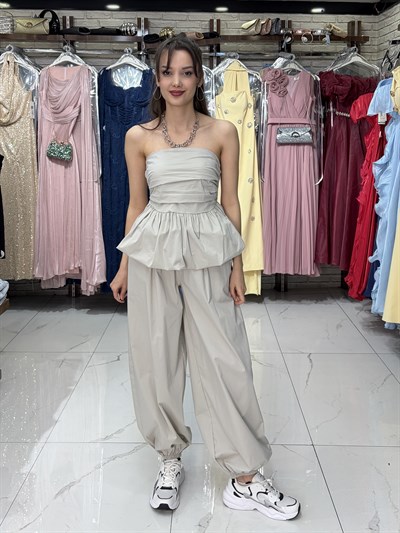 Taş Straplez Bluz Şalvar Pantolon Takım