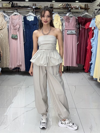 Taş Straplez Bluz Şalvar Pantolon Takım