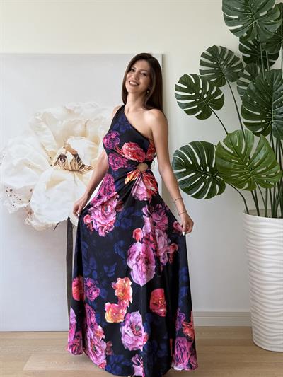 Tek Omuz Yan Pencere Detay Gül Desenli Uzun Elbise 