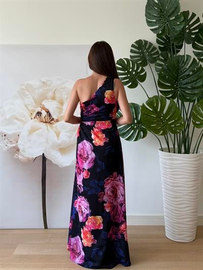 Tek Omuz Yan Pencere Detay Gül Desenli Uzun Elbise 