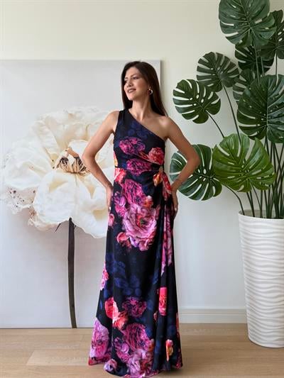 Tek Omuz Yan Pencere Detay Gül Desenli Uzun Elbise 