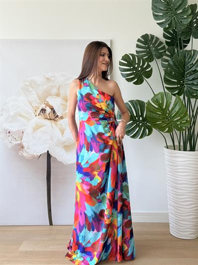 Tek Omuz Yan Pencere Detay  Renkli Desenli Uzun Elbise