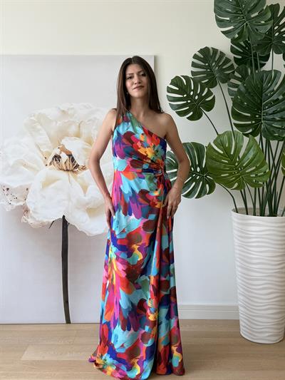 Tek Omuz Yan Pencere Detay  Renkli Desenli Uzun Elbise