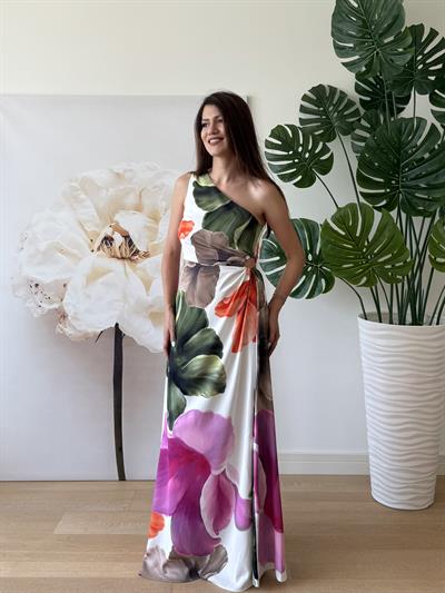 Tek Omuz Yan Pencere Detay Zambak Desenli Uzun Elbise 