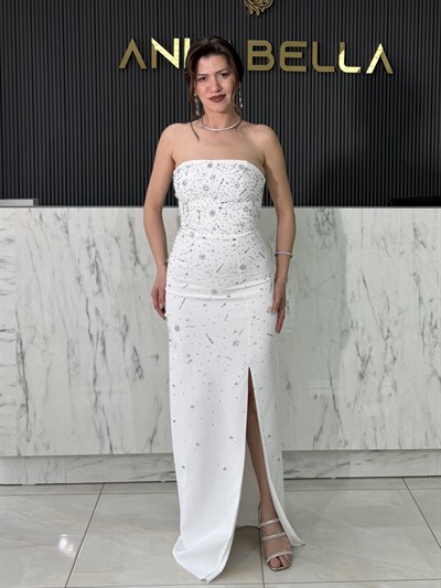 Tokyo Beyaz Taşlı Abiye