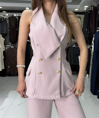 Toz Pembe Yelek Pantolon Takım