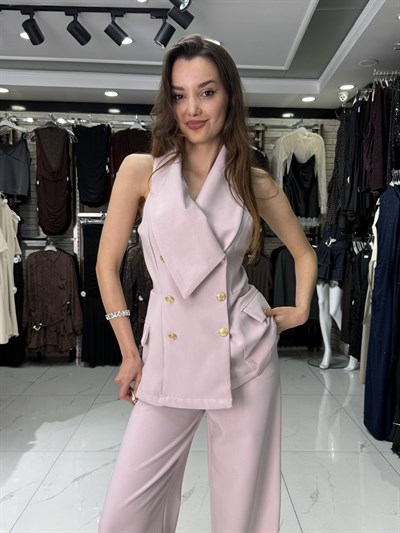 Toz Pembe Yelek Pantolon Takım
