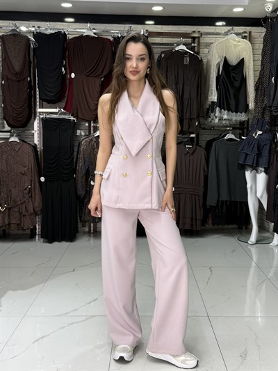 Toz Pembe Yelek Pantolon Takım