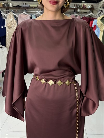 Yarasa Kol Acı Kahve Saten Elbise