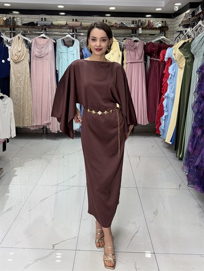 Yarasa Kol Acı Kahve Saten Elbise