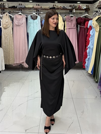 Yarasa Kol Siyah Saten Elbise