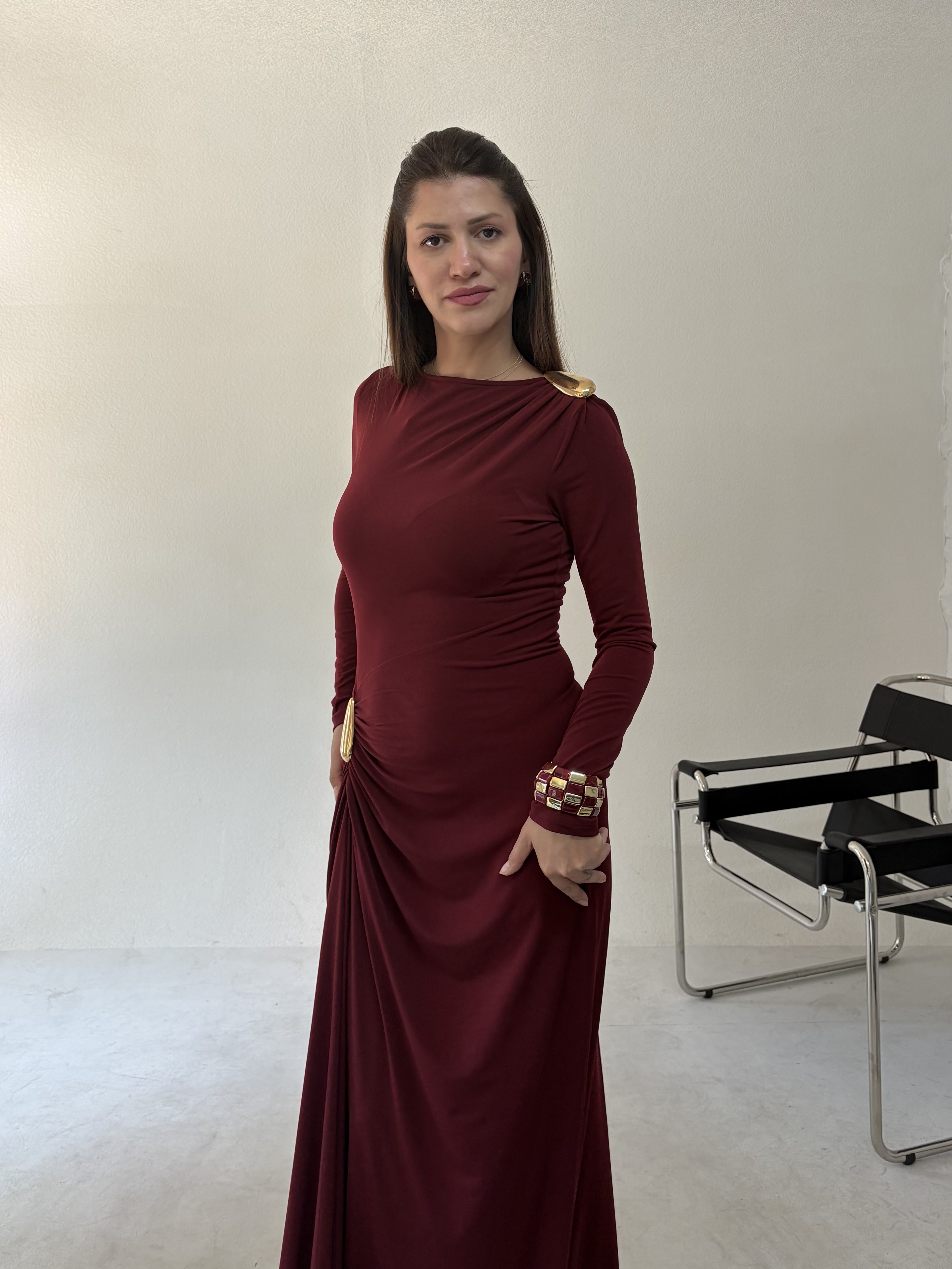 Bordo Büzgülü Omuz Tokalı Tül Elbise · 6