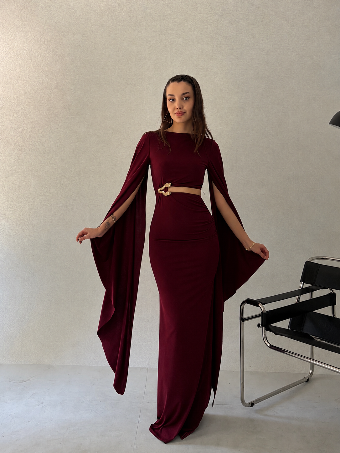 Bordo Şal Kol Detaylı Elbise
