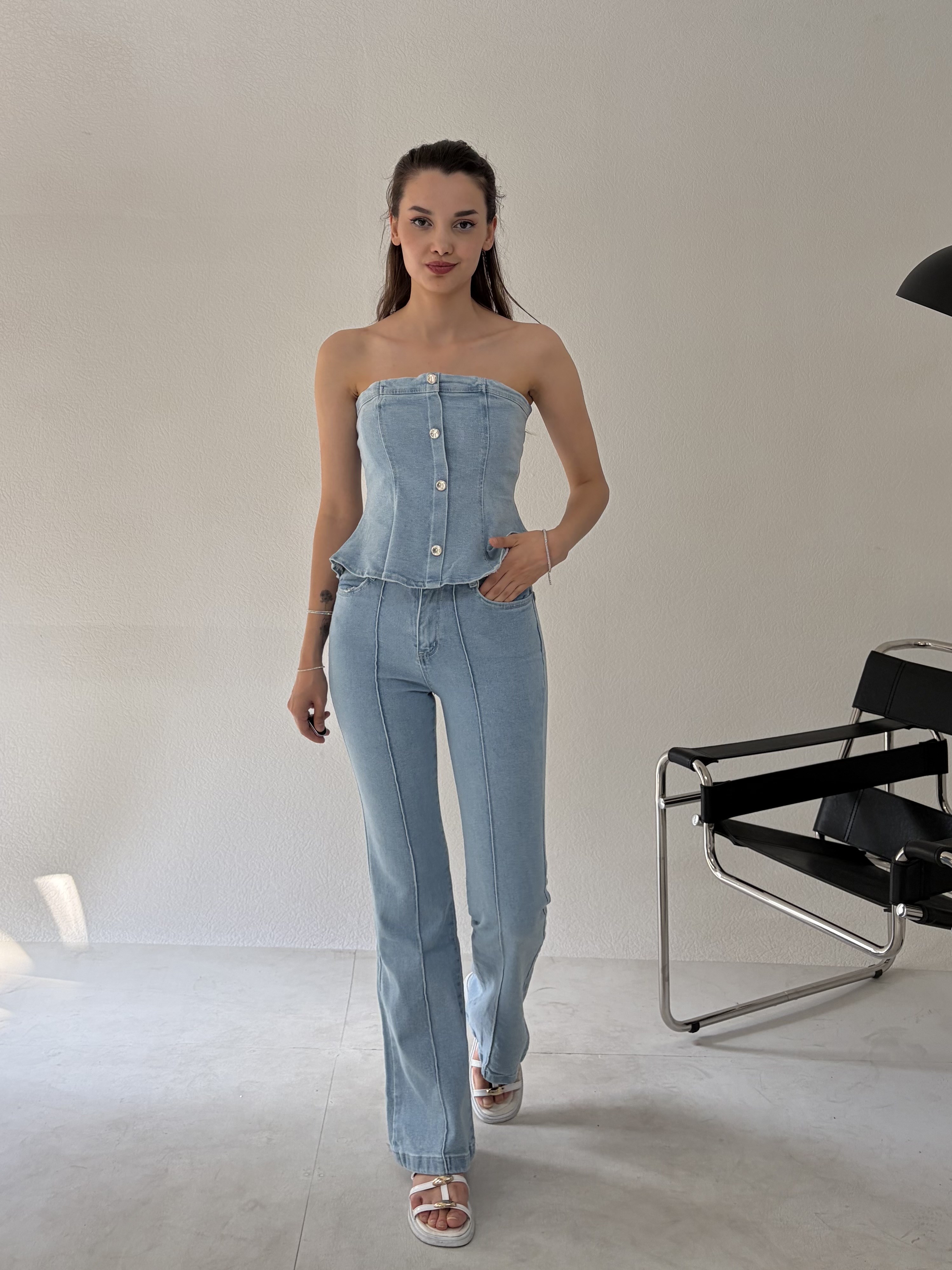 Buz Mavi Straplez Denim Takım