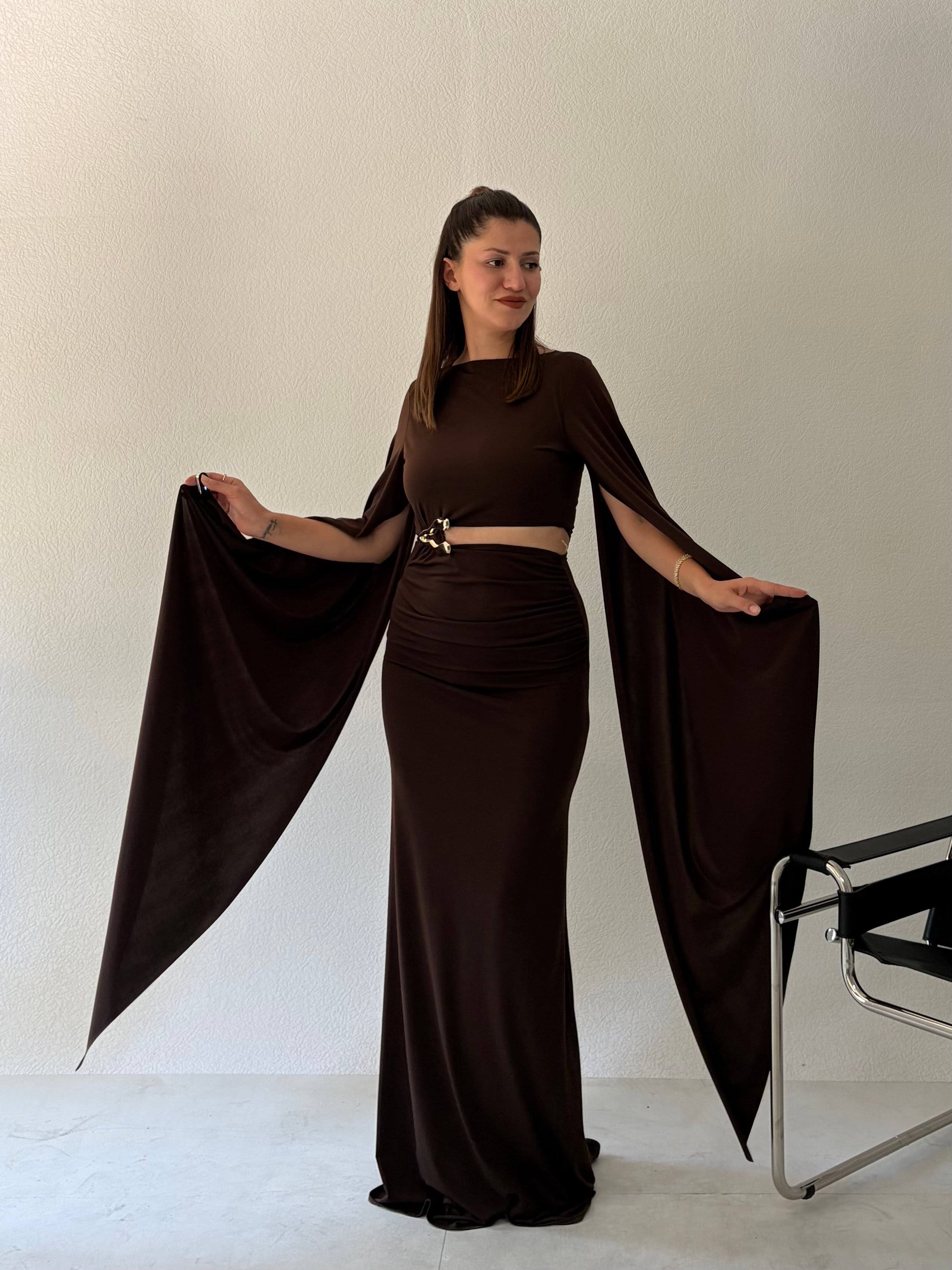 Kahve Şal Kol Detaylı Elbise · 5