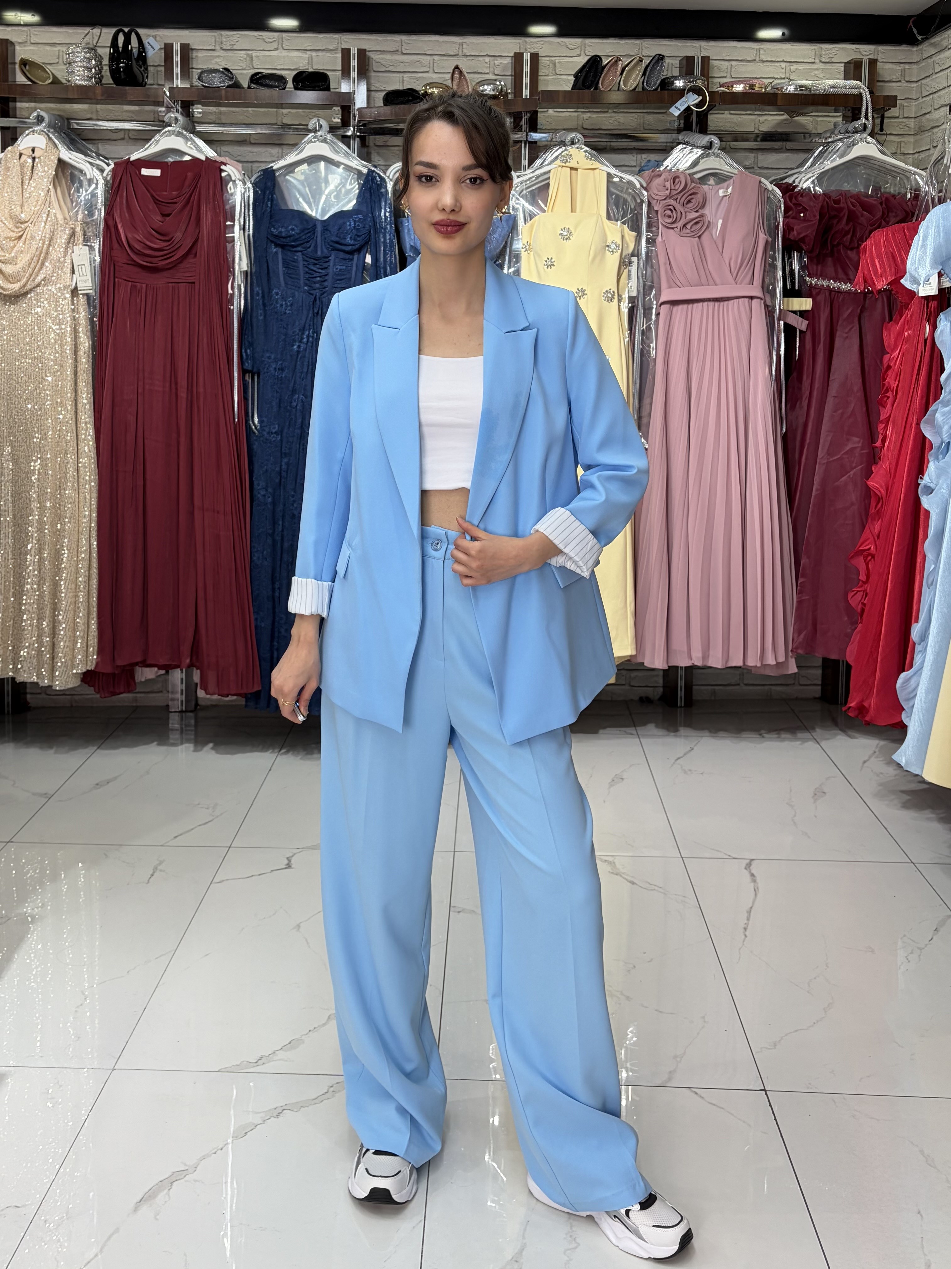 Mavi Kol Katlamalı Duble Blazer
