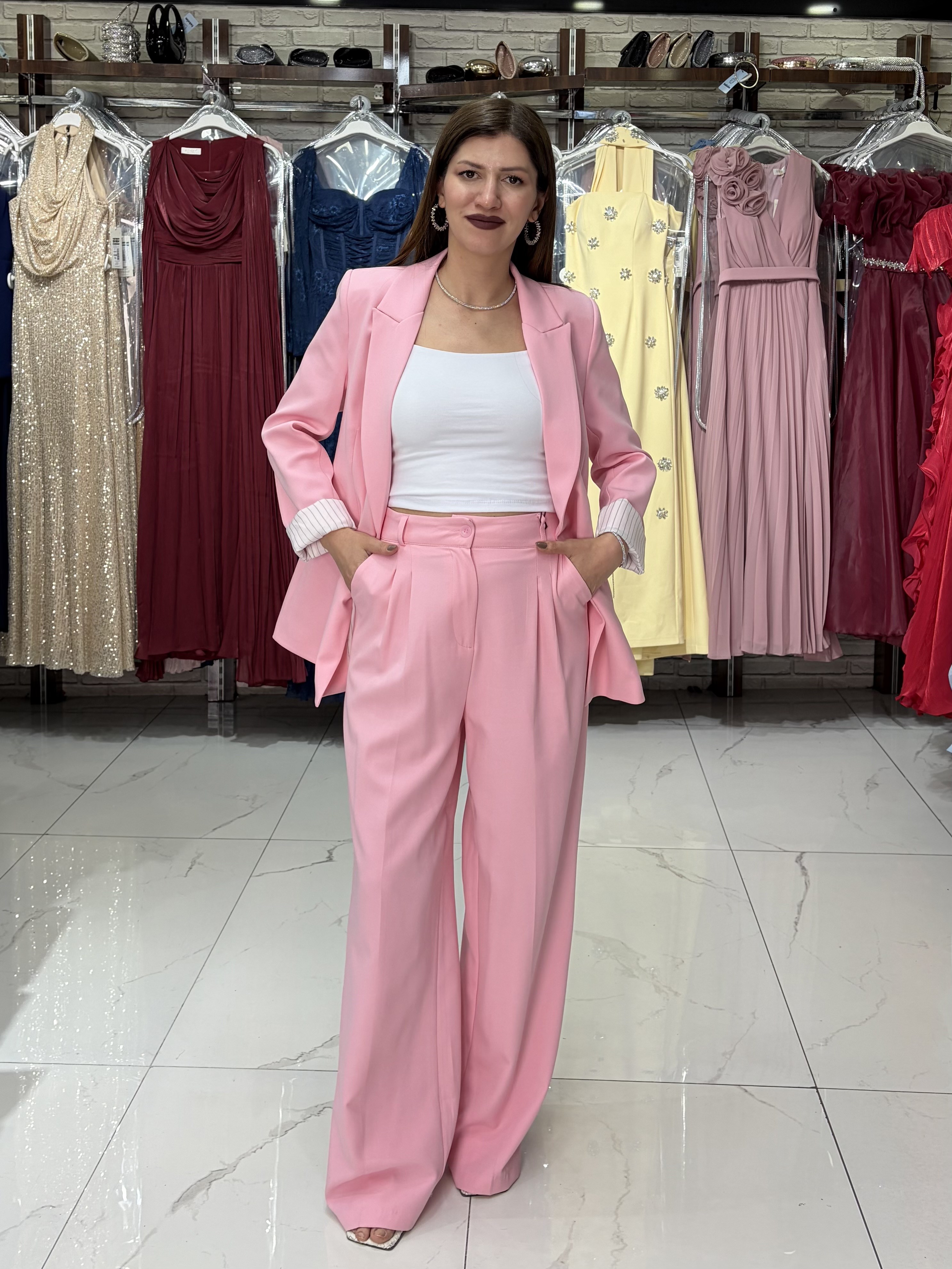 Pembe Duble Kumaş Palazzo Pantolon · 6