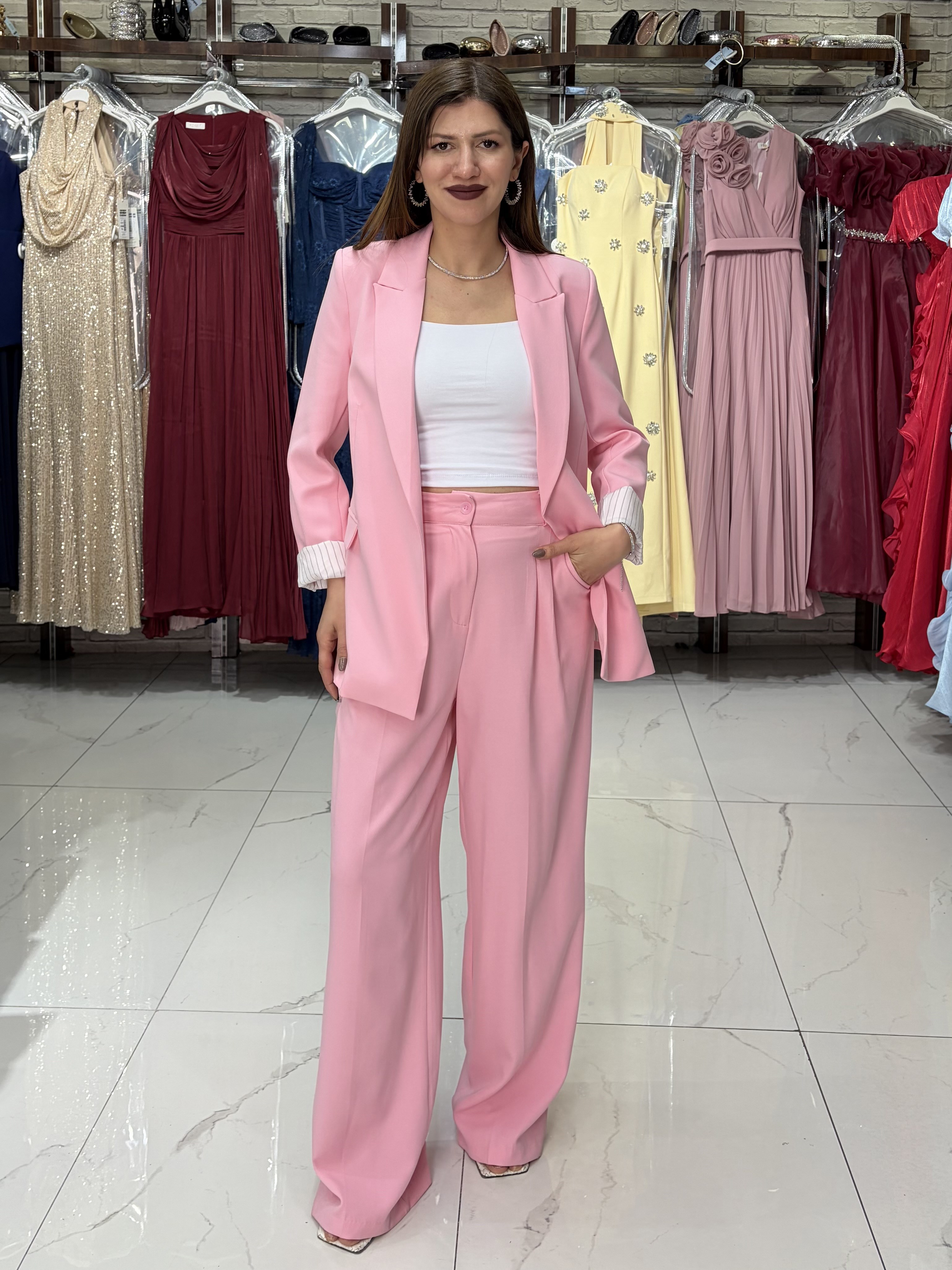 Pembe Duble Kumaş Palazzo Pantolon · 2