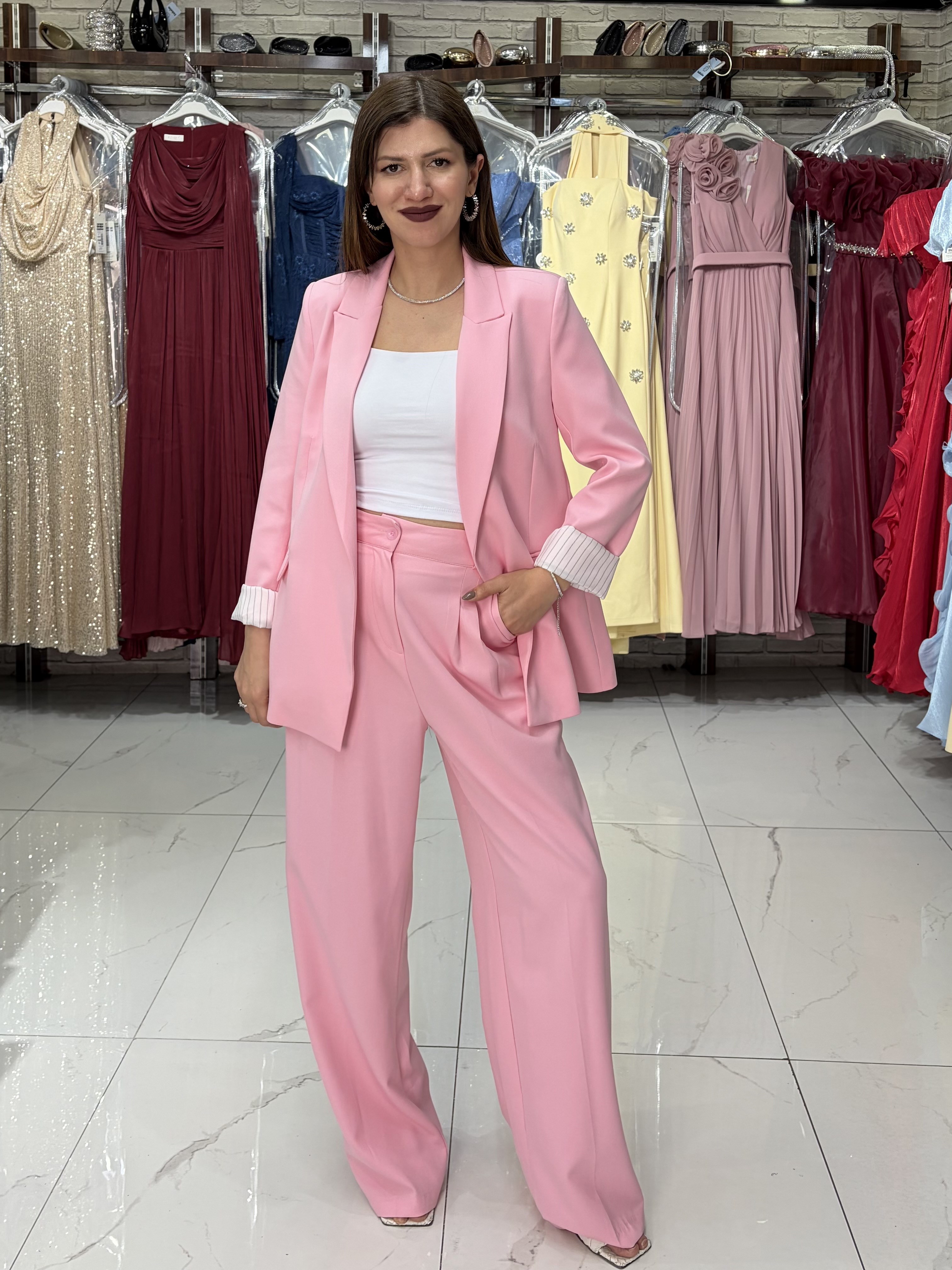 Pembe Kol Katlamalı Duble Blazer