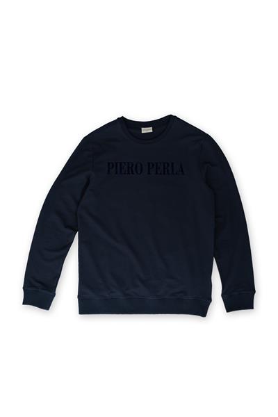 Crew Neck Jaguar Pattern Flocked Print Regular Fit Navy Sweatshirt