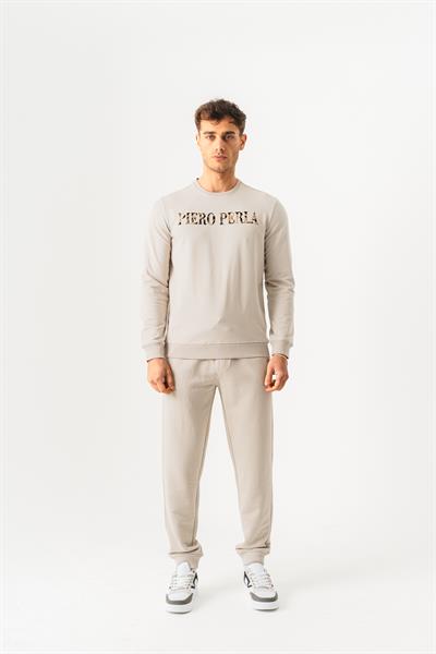 Crew Neck Jaguar Pattern Flock Print Regular Fit Stone Sweatshirt