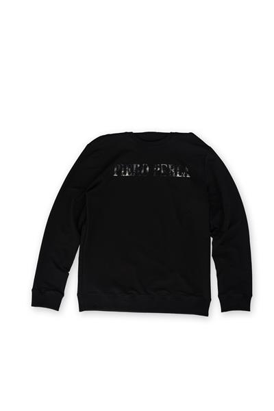 Crew Neck Jaguar Pattern Flocked Print Regular Fit Black Sweatshirt